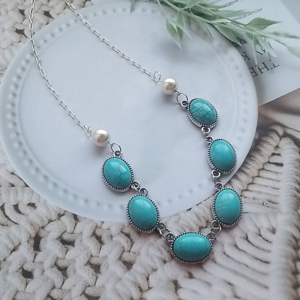Blue Turquoise, Pearls on  Silver Necklace, Bohemian Jewelry